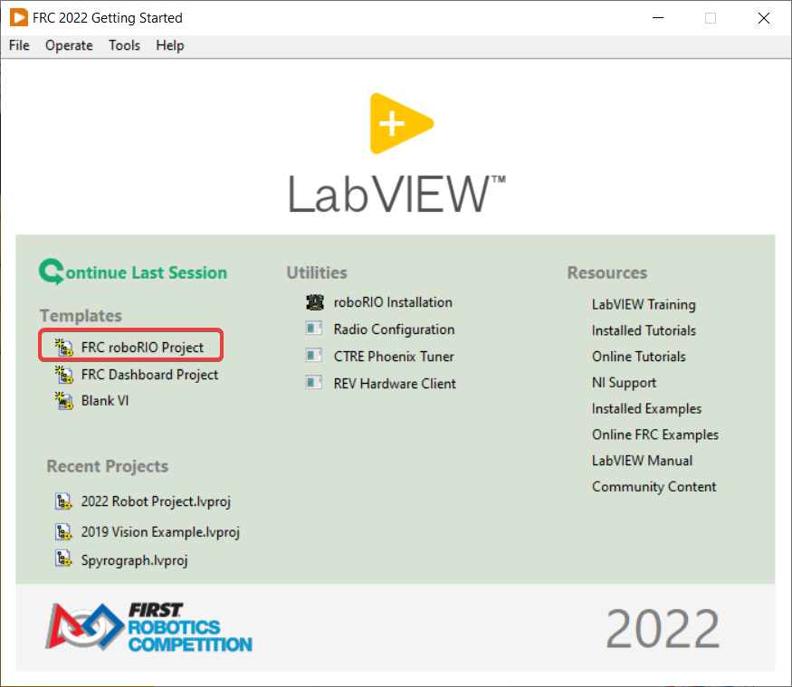 Creating a new roboRIO project from the LabVIEW home screen.